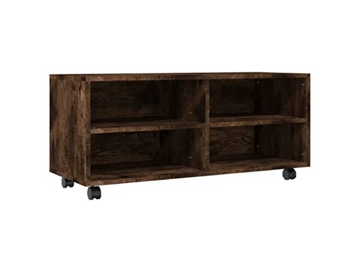 GKHPYURE TV-Möbel mit Rädern Eiche Rauchgrau 90 x 35 x 35 cm Holz 4 offene Fächer, 4 Rollen mit 2 arretierbaren Rollen, Tischplatte für TV und Dekoration, einfache Montage