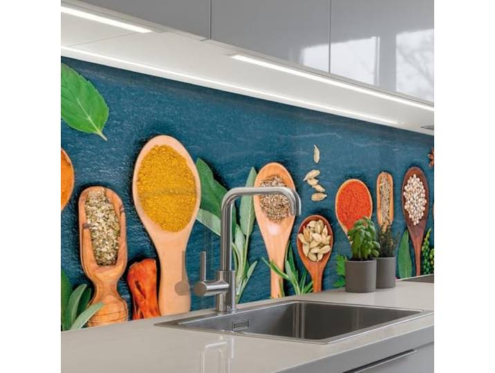 KitchenYeah© Rückwand Küche Rückwandschutz Selbstklebend Spritzschutz 80x250 cm - Küchenrückwand Küchenfront Küchen Selbstklebende Küchenrückwände Löffel - Holz - Kräuter - Gewürze