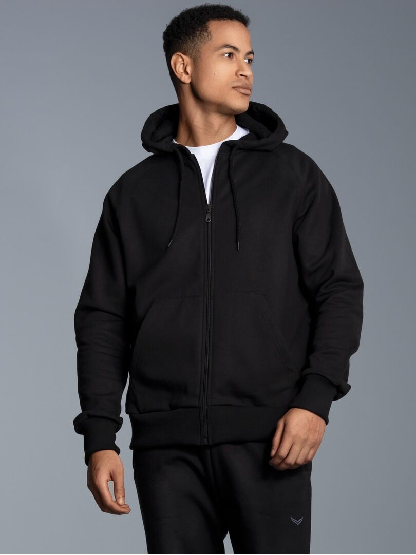 Sweatjacke TRIGEMA "TRIGEMA Sweatjacke mit Kapuze", Herren, Gr. S, schwarz, 70% Baumwolle, 30% Polyester, Basic, lang, Rundhals, Sweatjacken Sweatjacke schwarz S