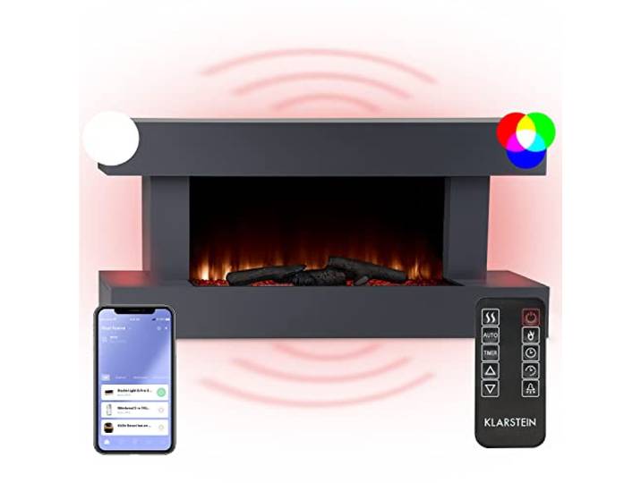 Klarstein Decorative Cheminee Electrique Effet Flamme\, Chauffante de 2000W\, Télécommande et Minuterie\, Fausse Chauffage Cheminée LED Murale a Poser\, en Bois\, Noir