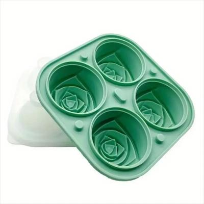 Inspired Living 3D Rose Ice Cube Tray 4 Cavity Silicone Ice Mold For Flower Shaped Ice Cubes, Cocktails & Whiskey green