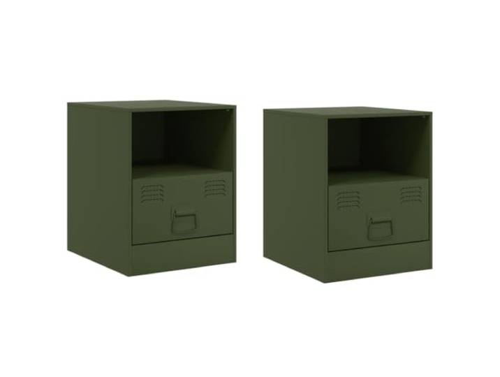 LKJephalotrop Nachttisch 2er Set Olivgrün Stahl 34,5x39x44 cm Schrank Kompakter Nachttisch aus robustem Stahl für Schlafzimmer und Wohnbereich mit Schublade und Ablageboden im 2er Set.
