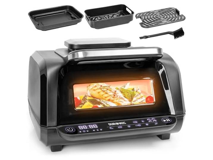 Duronic FG19 Heißluftfritteuse, Indoor BBQ Grill, Elektrischer Smoker Air Fryer mit 1900W, Tischgrill mit Deckelhaube, 6 Programme, Mini Backofen bis 230°C, inkl. 3 Backformen, für Auflauf