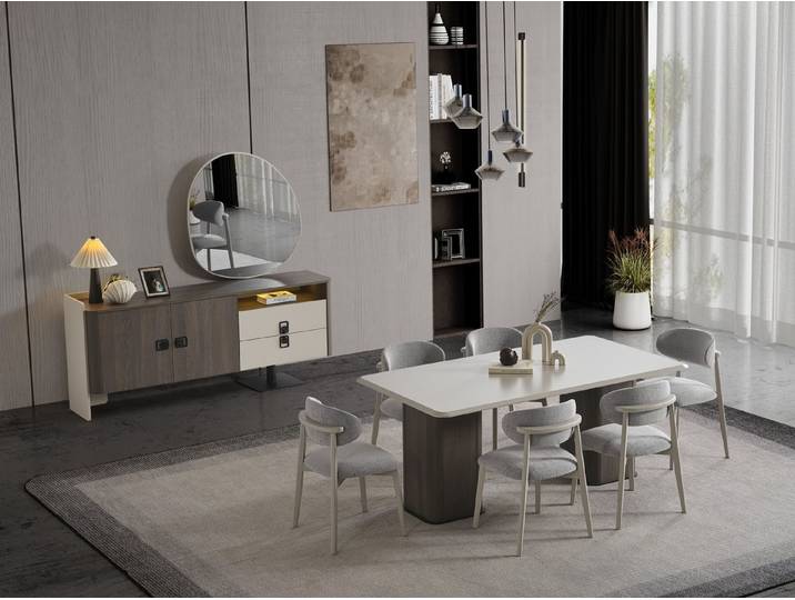 Xlmoebel Essgruppe Esszimmer-Set aus Holz und beigem Textil von XLMOEBEL, (Essgruppe, 7-tlg., Esszimmer-Set (Esstisch + 6 Stühle), Made in Europa