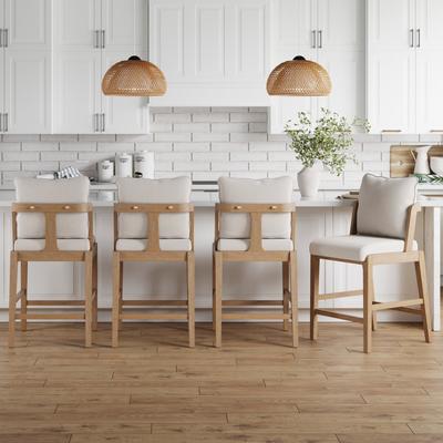 Nathan James Chuck Scandinavian Upholstered Bar Stool with Curved Back with Cushion, Solid Wood Legs and Flax Upholstery