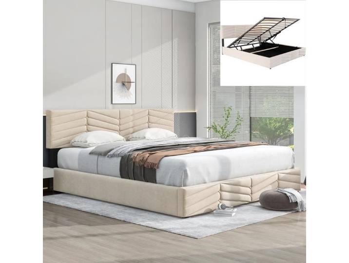 Lit coffre 180x200 - GENERIQUE - JAERLIUB - Velours beige - Rangement hydraulique - Tête de lit réglable