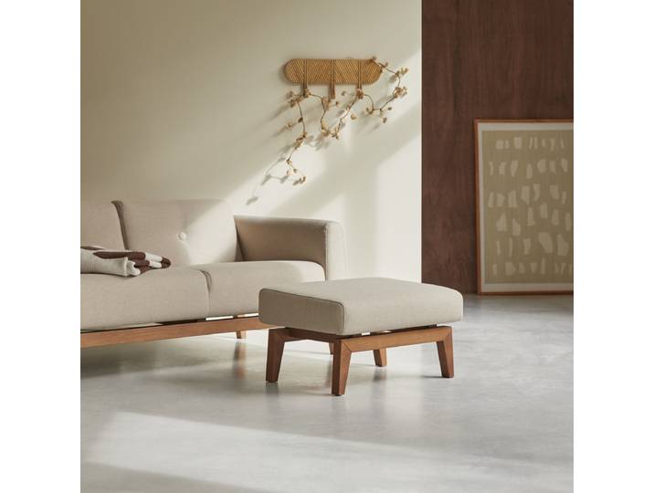 Fußhocker aus massivem Eichenholz und naturfarbenem Stoff Bjorn - Beige - Fabric
