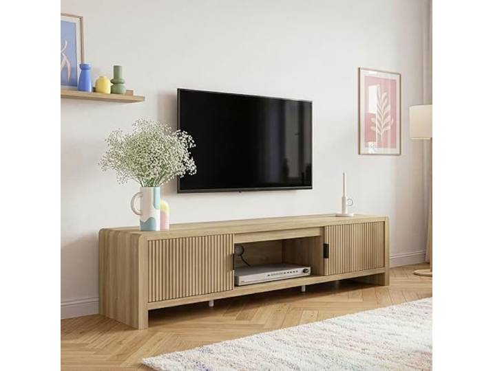 [en.casa] TV Schrank Lukkodso 150x40x40 cm Eicheoptik, mittelhell Lowboard mit 2 Türen und 3 Fächern, Fernsehschrank, TV Board, TV Kommode, Fernsehtisch, Sideboard