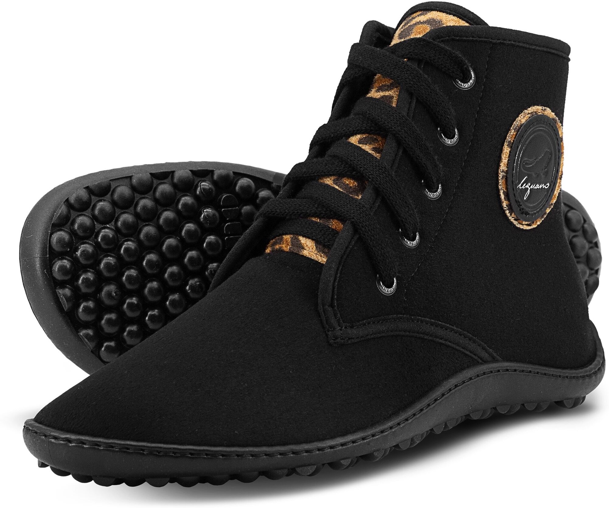 Barfussschuh LEGUANO "CHESTER", Damen, Gr. 37, Textil, schwarz (schwarz, leo), Lederimitat, Nylon, Schuhe Barfussschuh, Schnürboots, Sneaker mit Leomuster an der Schuhzunge schwarz, leo 37, Textil