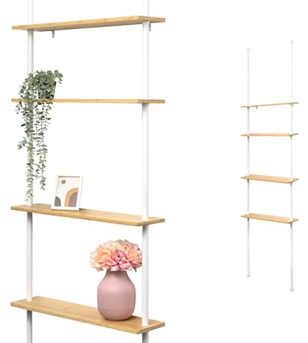 Telescopische wandplank met 4 verstelbare bamboe planken voor badkamer, keuken of woonkamer