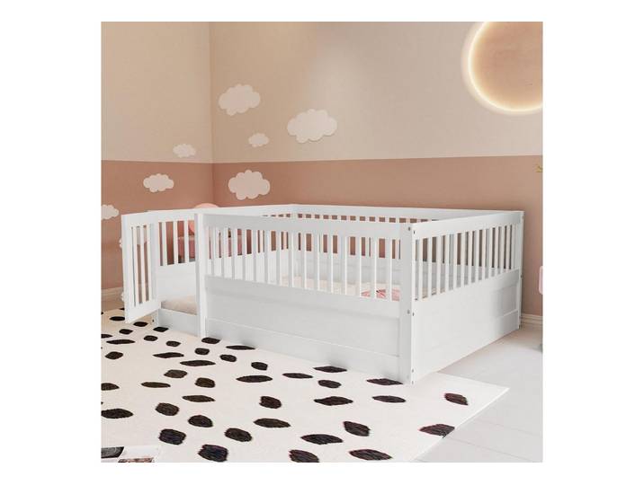 LuxusKollektion Kinderbett Kinderbett 140x200 Bodenbett Kiefer Weiß Tür