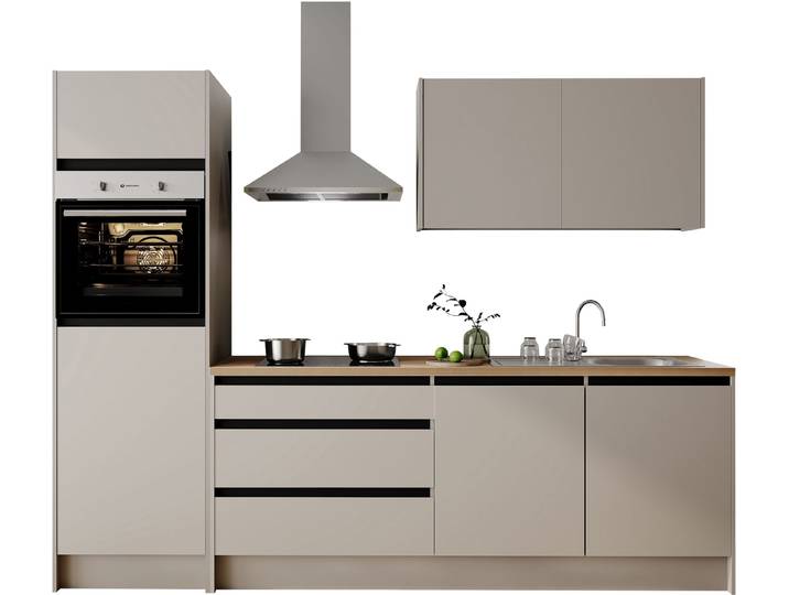 Küchenzeile BASIC BY BALCULINA Isis B/T/H 273x60x210 cm , küche: grau, front: kaschmirgraufarben, korpus: kaschmirgraufarben, arbeitsplatte: eiche gestreift, B:273cm H:210cm T:60cm, Komplettküchen-Sets, Küchenzeile, Breite 273 cm, wahlweise mit E-Geräten und Induktionskochfeld
