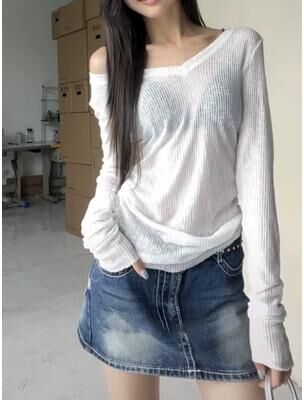 Daily Deals Depot Women's V Neck Knit Top Slim Fit Long Sleeve Stretch T Shirt white s