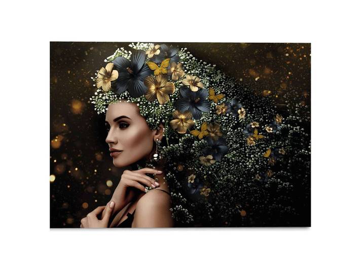 Tableau déco en verre Femme et fleurs Impression sur plexiglas Doré 70 x 50 x 2cm