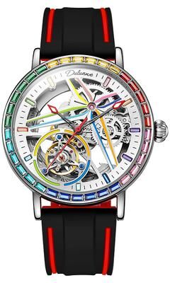 Fashion Sheath Rainbow Colored Gemstone Tourbillon Skeleton Automatic Mechanical Watch For Men silicone White