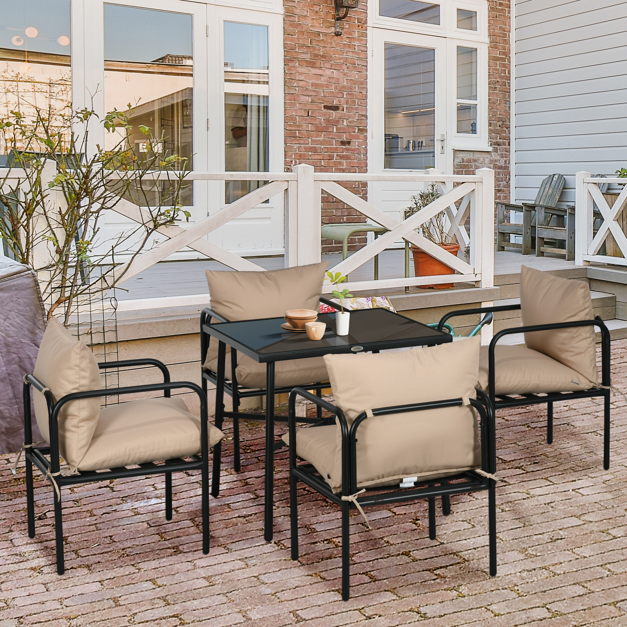 Outsunny Set da Giardino con Tavolo e Sedie da 5 Pezzi, 1 Tavolo da Pranzo Quadrato e 4 Sedie con 4 Cuscini, Nero   Aosom Italy