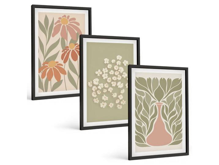Tulup Bilder SET 3er Set - 40x60 cm Schwarzer Rahmen - Florale Boho-Muster, Kunststoff, Rechteckig, 40x60 cm, gerahmt, Bilder & Rahmen, Bilder