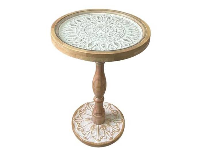 Sofa Beistelltisch Vintage Geschnitzte Runde Tisch Glas Sofa Seite Freizeit Kaffee Römischen Säule(Natural,Groß)