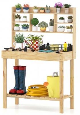 Costway Wooden Potting Bench Table Garden Planting Workstation with 3-Tier Open Shelf-Natural