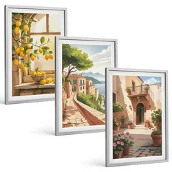 BILDER SET 3er Set - 40x60 cm Silberner Rahmen - Zitrusfrüchte in der Küchenmeerstadt