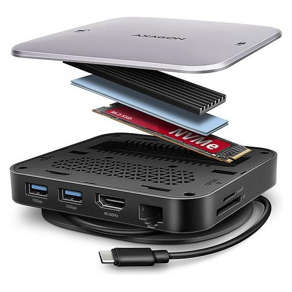 Axagon HMC-UFO USB-C Hub, M.2 SATA/NVMe, 1 Gbit/s Ethernet, 384 kHz Audio - schwarz/silber (USB-C, 9 Ports) (HMC-UFO)