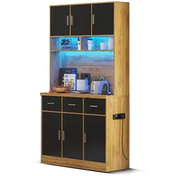 STILVORA Küchenschrank Buffet 100x40x180  mit LED-Beleuchtung und App Steuerung Natur+Schwarz, 3 Schubladen 6 Türen, verstellbare Böden