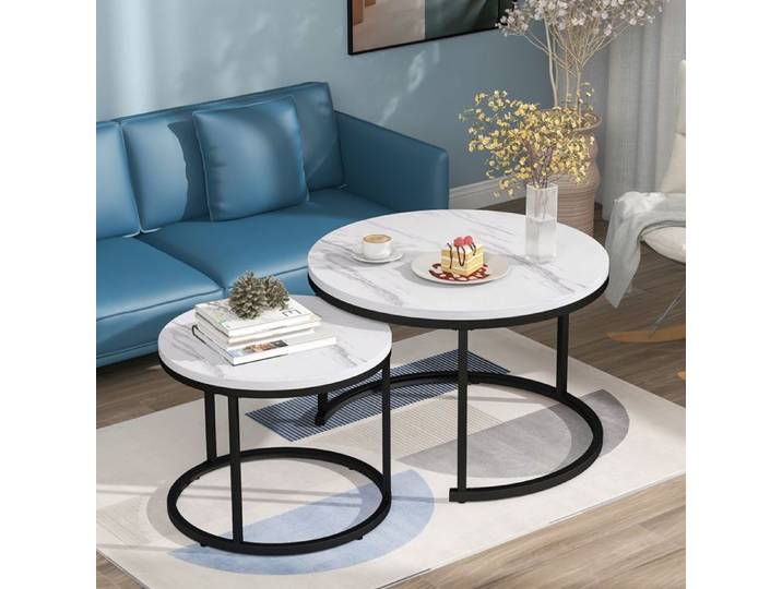 Table basse ronde gigogne - 50x70.5cm et 45.5x44cm - MDF - Marbre blanc - Design moderne