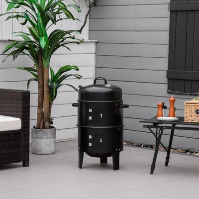 "Outsunny Vertical Charcoal BBQ Smoker, 3-in-1 16"" Round Charcoal Barbecue Grill with 2 Cooking Area Thermometer"