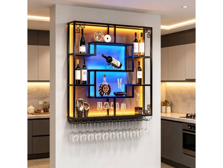 Kifezk Metall Wand Weinregal mit Weinglashalter, 120 cm, Wandbar Regal Einzigartiges Design, mehrstöckige Struktur, große Aufnahmekapazität, Wand-Weinschrank für Bar, Restaurant, Wohnzimmer, Küche