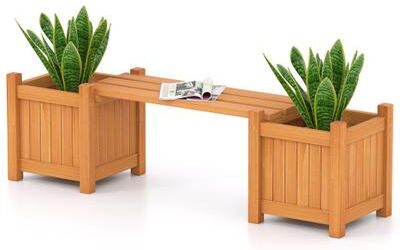 Costway 3-in-1 Outdoor Planter Box with Bench 2-Person Outdoor Bench with 2 Side Garden Beds-Orange