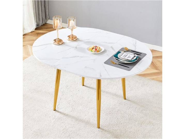 COVREO Table a manger extensible ronde a ovale 107-137 cm MDF blanc aspect marbre pieds metal dores