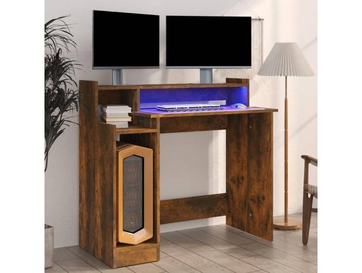 Bureau à Lumières LED Table d'Ordinateur Table de Travail Meuble Informatique Meuble d'Etude Chêne Fumé 97x45x90 cm 820475