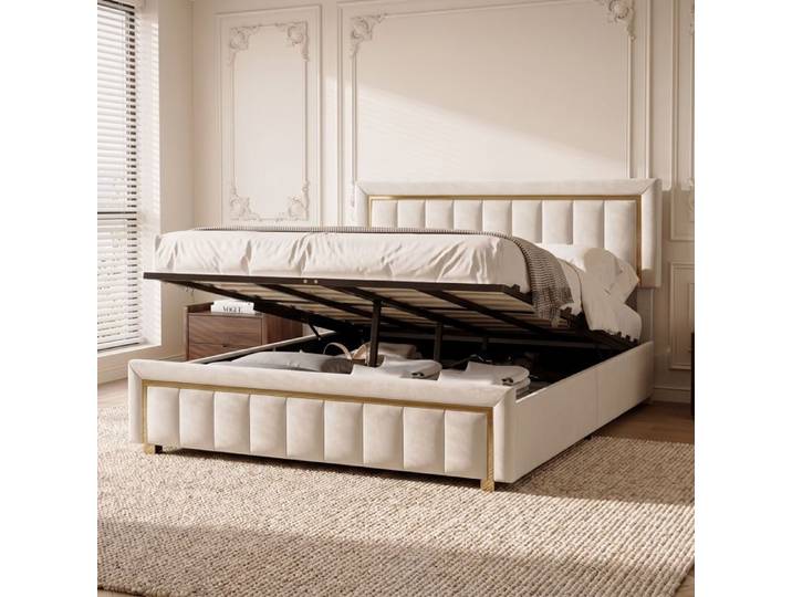 Lit 140x190 - RWUDV - lit coffre 140x190 - litcoffre 140x190 coffre - Lit 2 personnes avec tete de lit et sommier - Velours - Beige