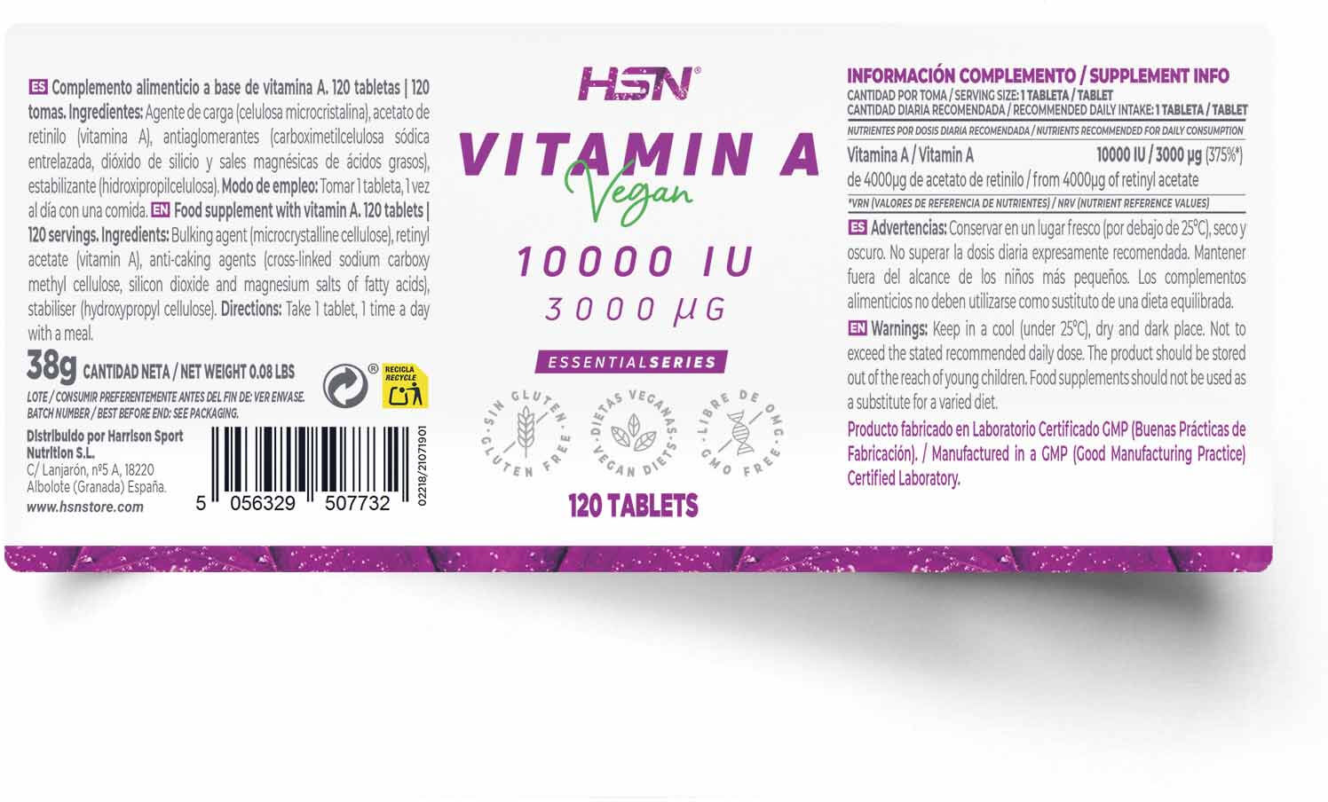 HSN Vitamina A 10000UI - 120 tabs - Saúde ocular - Tabletas - 120 Serviços