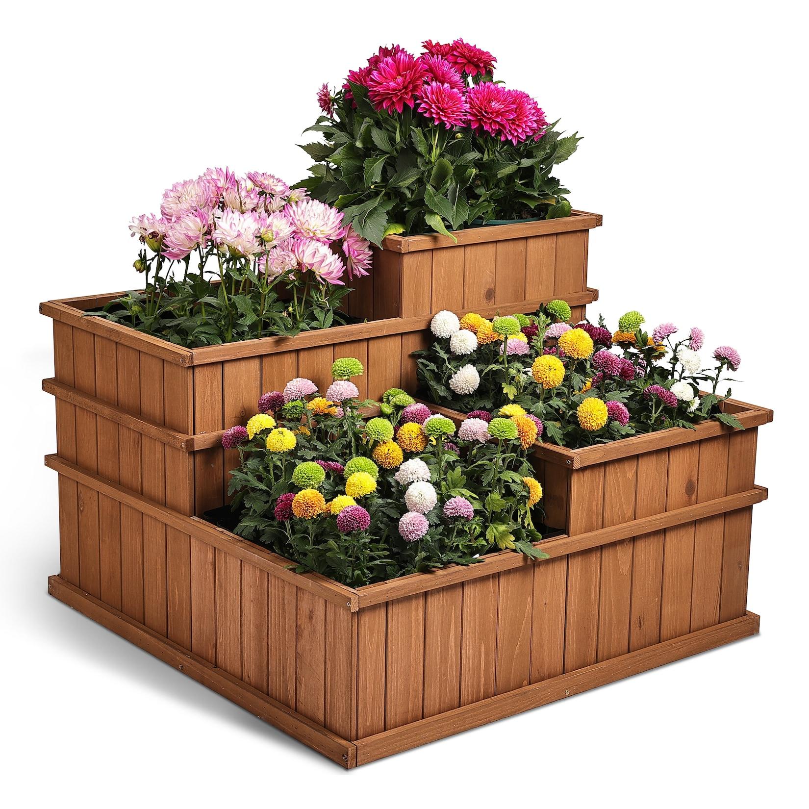 needs&wants® Multi Hochbeet mit 4 Pflanzkästen quadratisch aus Holz für Garten Balkon Terrasse , 4er Pflanzbeet Blumenbeet niedrig mit Folie , 81 x 81 x 61 cm , braun