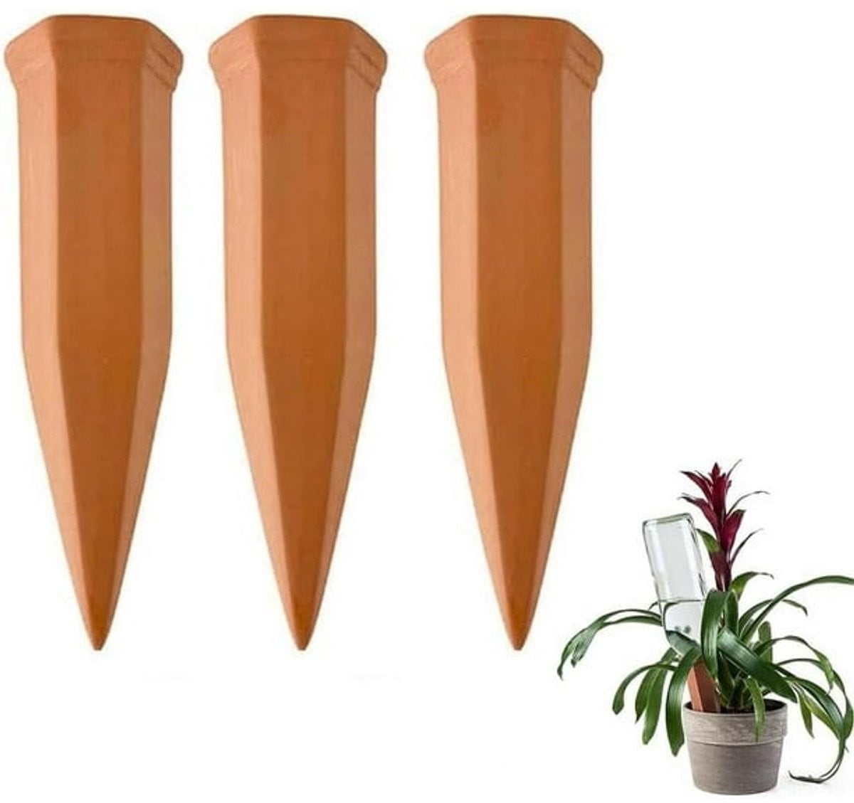3-delige bruine terracotta zelfwatergevende plantensteekers voor binnen en buiten, Hoogte: 17,5 cm