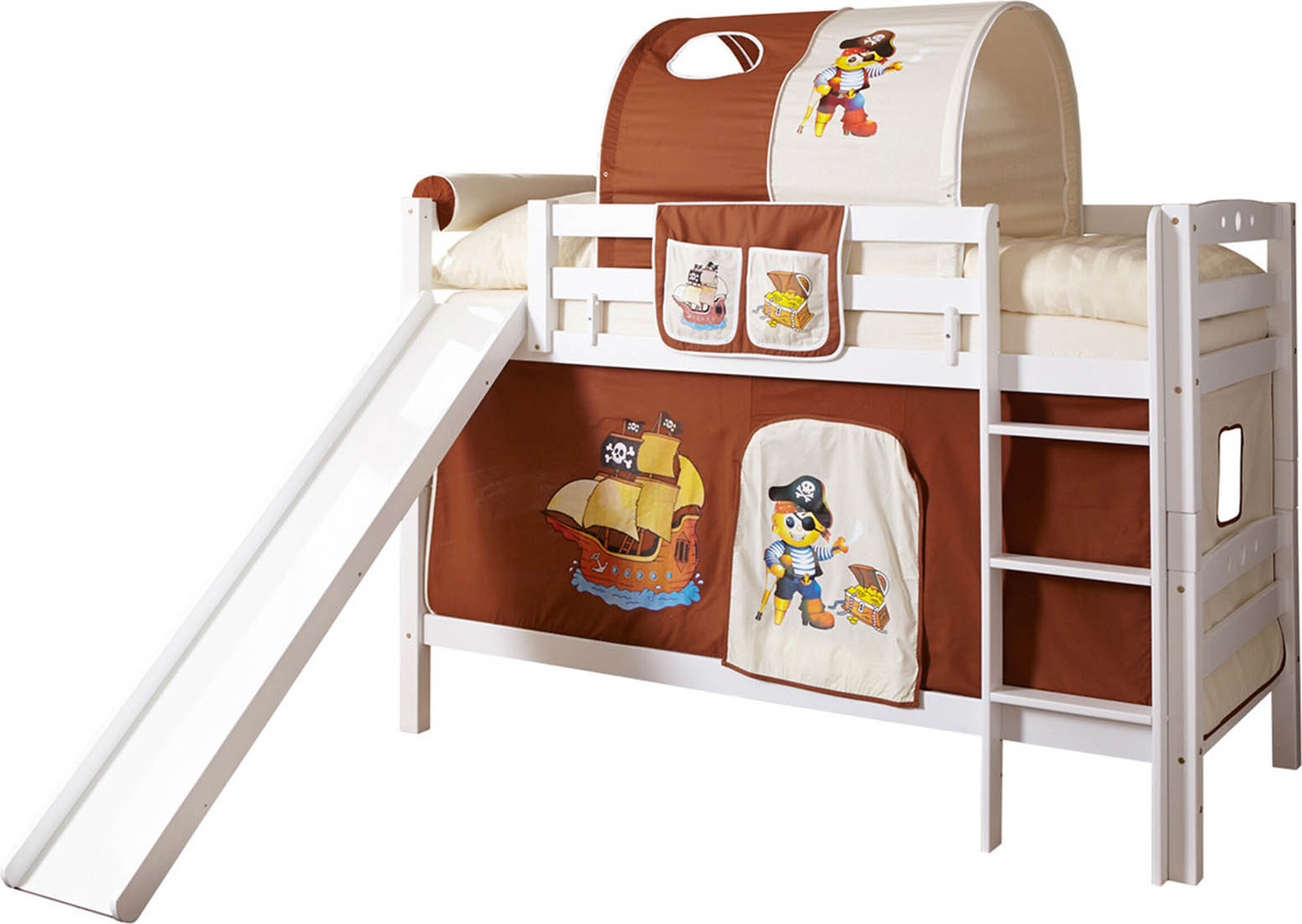 Etagenbett mit Rutsche Doppelbett Lupo Buche massiv Weiss, Vorhangstoff:Pirat Braun Beige