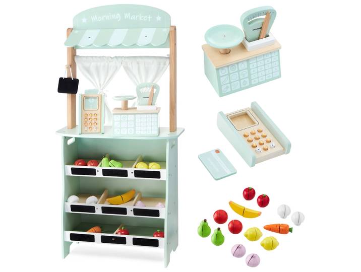Mamabrum, stand de magasin en bois et théâtre 2 en 1, ensemble XXL de fruits et légumes à découper, échelle graduée, jouet pour enfants 3+
