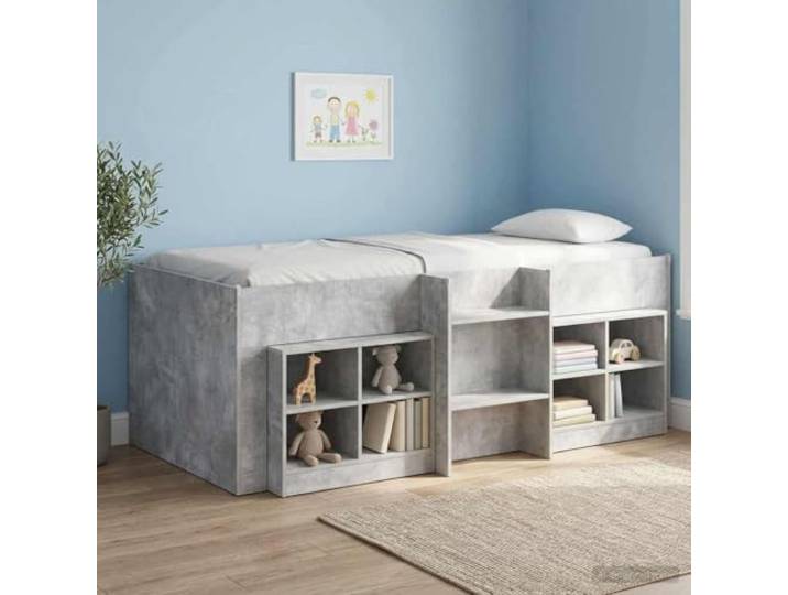 RJPLMFV Hochbettgestell für Kinder, Betongrau, 80 x 200 cm Stabiles Holzwerkstoff, integrierte Leiter, Unterbettaufbewahrung, transparente TPE-Protektoren