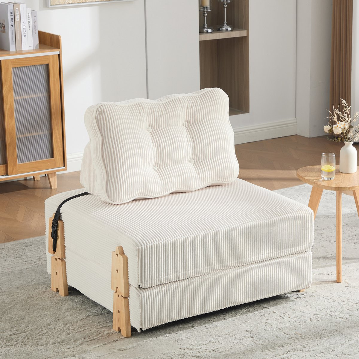 MODFU Opklapbare Fauteuil Cord Beige met Houten Frame