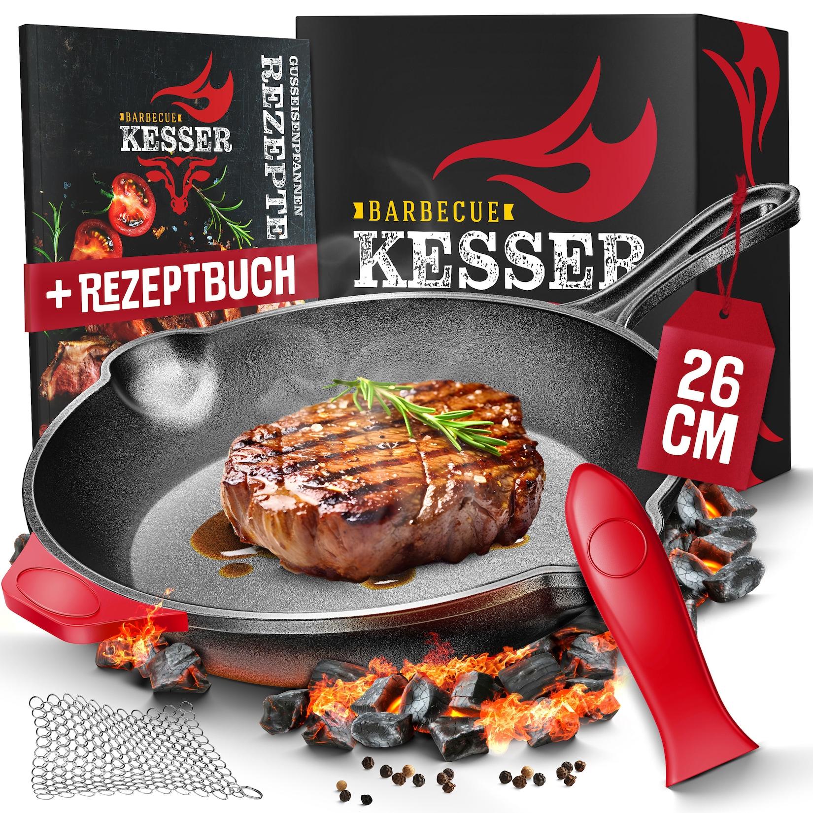 KESSER® Gusseisenpfanne Gusseisen Bratpfanne Induktion Cast Iron Pan für Gasgrill, Backofen, Kohlegrill Steakpfanne voreingebrannt Inkl. Schutzgriffe, Rezeptbuch und Ringreiniger