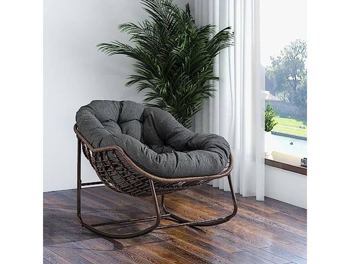 Ball & Cast Schaukelstuhl Outdoor, Rocking Chair mit Gepolstertem Kissen, Relaxsessel Schwingsessel für Garten, Balkon & Terrasse, Grau
