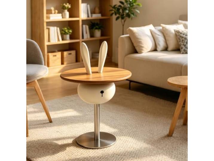 Design Couchtisch mit niedlichen Hasenohren und Sinterstein‑Tischplatte Moderner minimalistischer creme-farbener Mitteltisch(A)