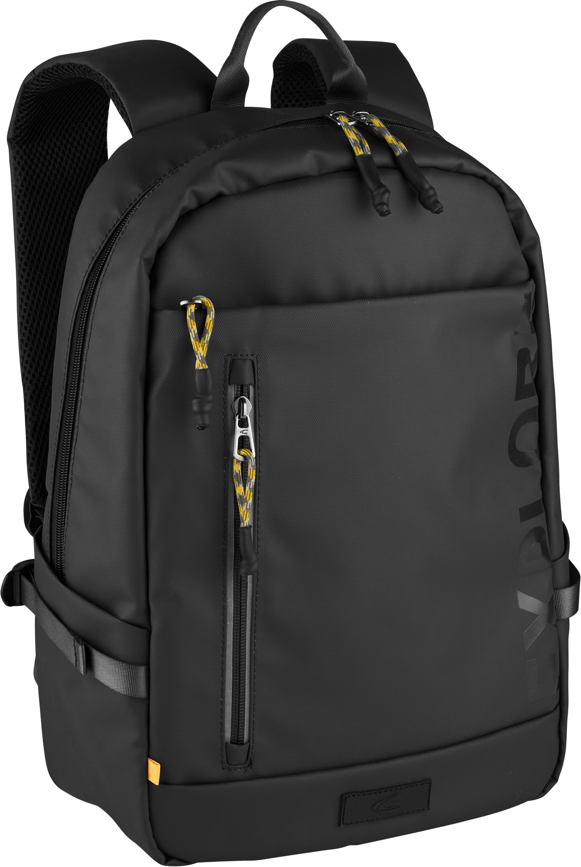 Rucksack CAMEL ACTIVE "Explore", Gr. B/H/T: 33cm x 43cm x 14cm, schwarz, Nylon, bedruckt, beschichtet, clean, unifarben mit Farbeinsätzen, Rucksäcke Rucksack, wasserabweisendes recyceltes Nylon und reflektierende Reissverschlüsse schwarz B/H/T: 33cm x 43c