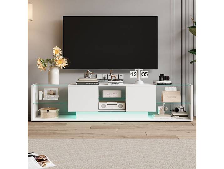 Meuble TV 200cm LED réglable Rangement Tiroir + Étagère Design Moderne Armoire TV pour Salon et Chambre Blanc