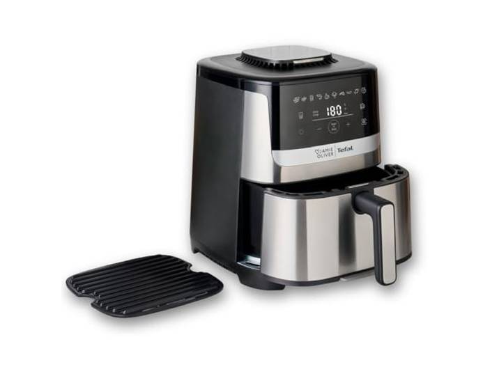 Jamie Oliver by Tefal Easy Fry Silence Deluxe Heißluftfritteuse, sehr leise, 10 voreingestellte Programme, digitaler Touchscreen, 5 l, inkl. Druckguss-Gitterrost + Deckel, Schwarz/Edelstahl, EY55JDE0