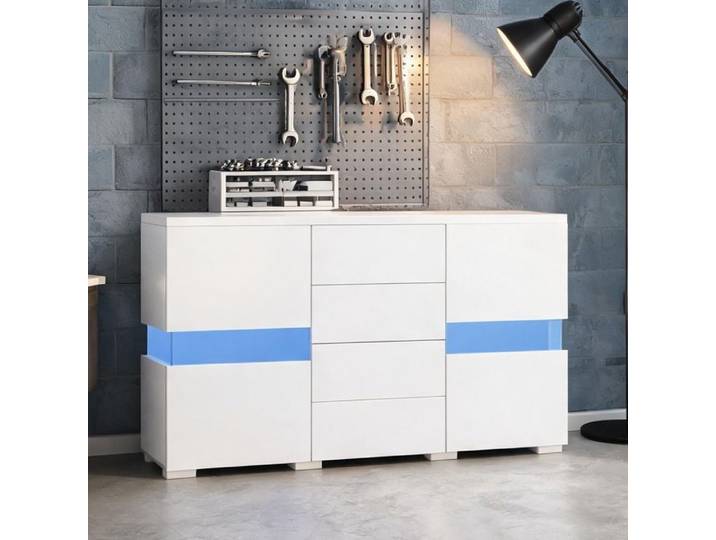 Buffet bahut blanc brillant MDF 145x35x72 cm portes acryliques et LED RVB app