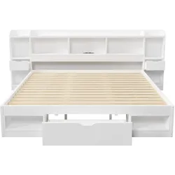 MODFU Plattformbettgestell Holzwerkstoff Weiß 180x200 cm mit Stauraum, LED-Beleuchtung und USB-Anschluss