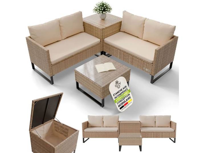 Juskys Salon de jardin Polyrattan Santorini crème/sable – Ensemble lounge 6 personnes