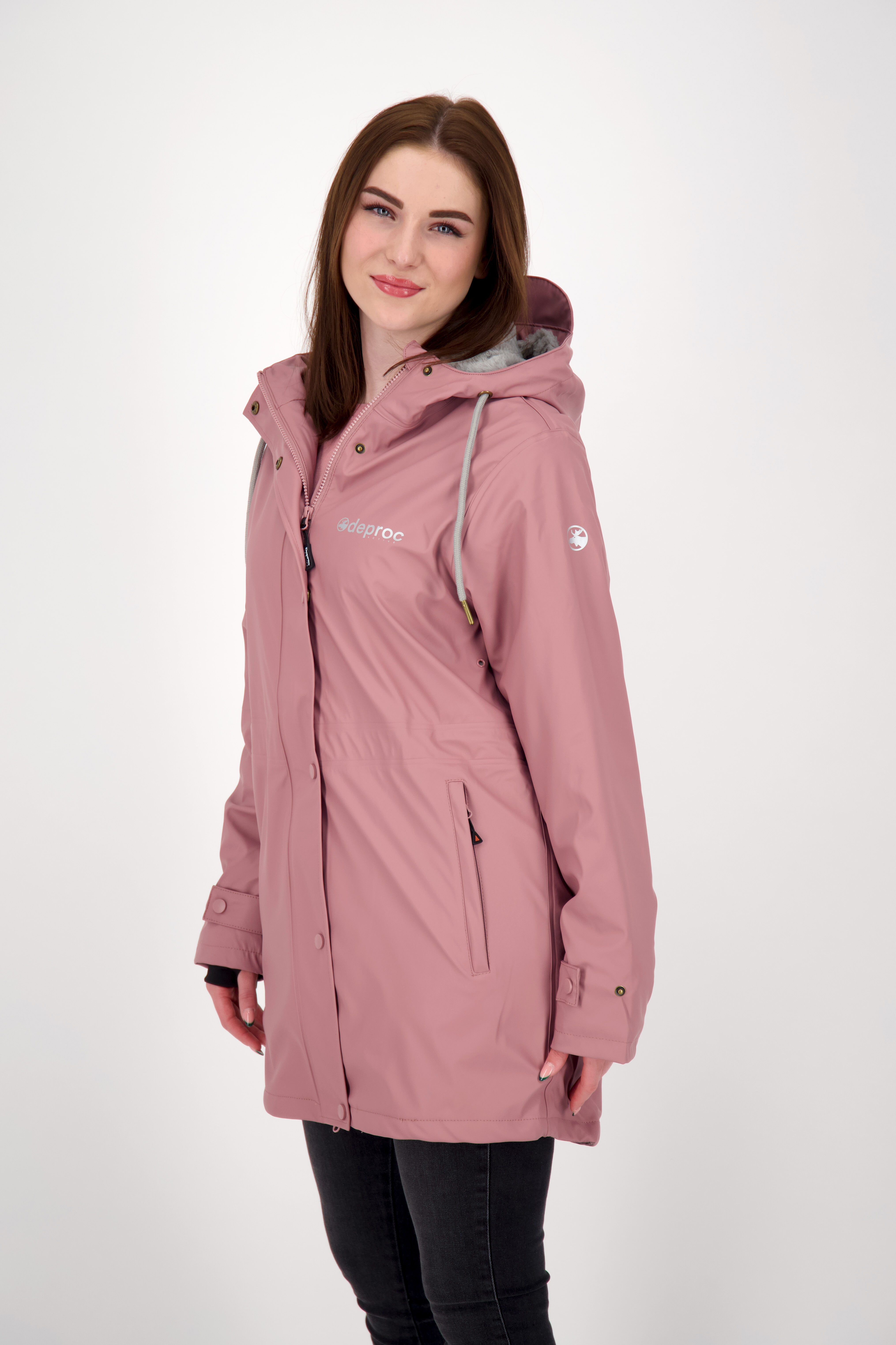 Regenjacke DEPROC ACTIVE "Friesennerz NEW ELLESMERE", Damen, Gr. 44L, lila, Web, 100% Polyester, figurumspielend hüftbedeckend, gerader Abschluss mit Druckknopf, Jacken Regenjacke, auch in Großen Größen erhältlich